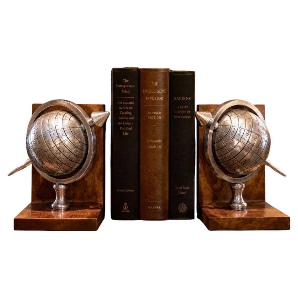 Pair of 20th Century Atlas Globe Bookends Metal & Wood Decorative Book Holders