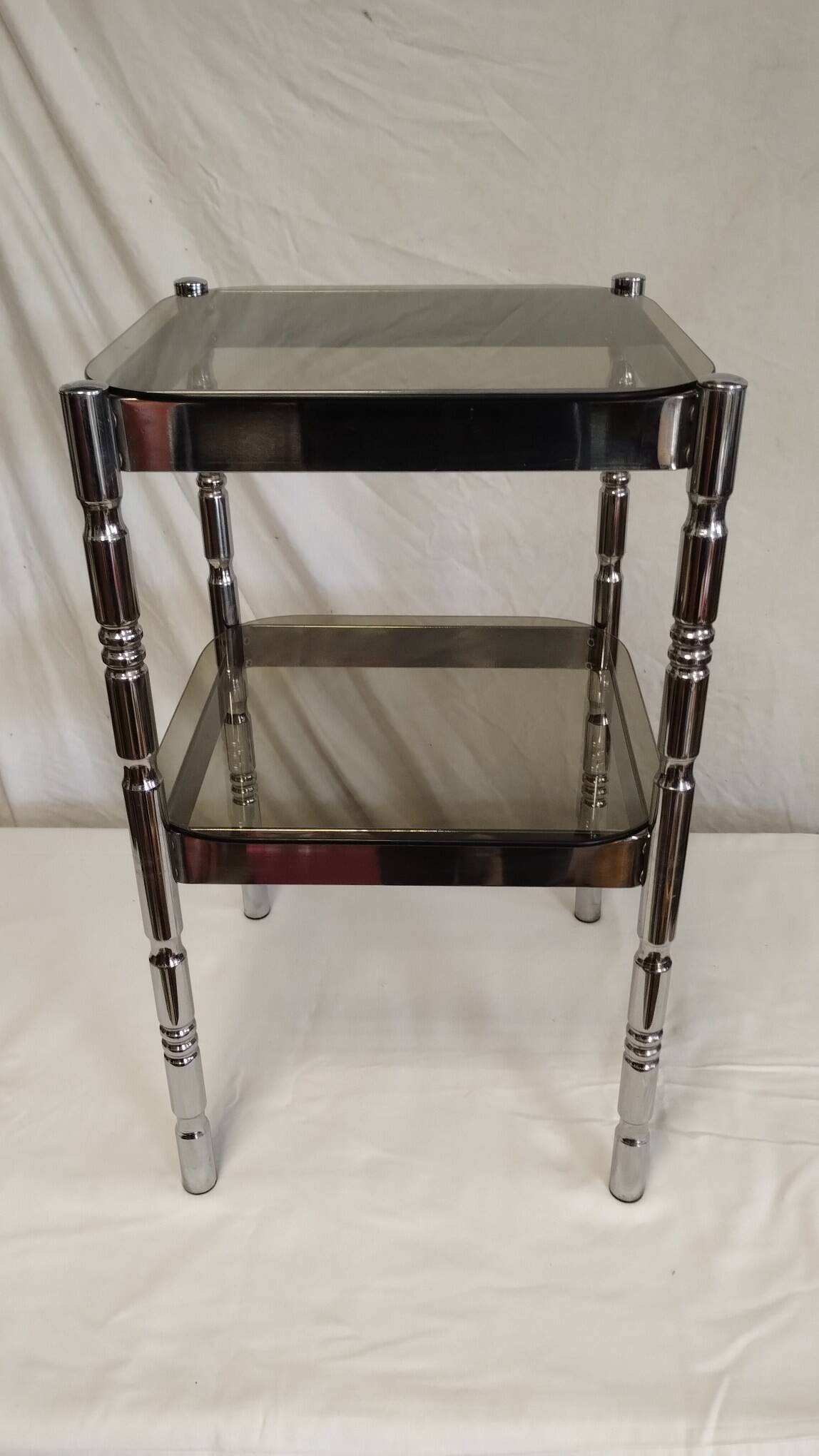 Bedside or side table in chromed steel with green smoked glass from the 70s