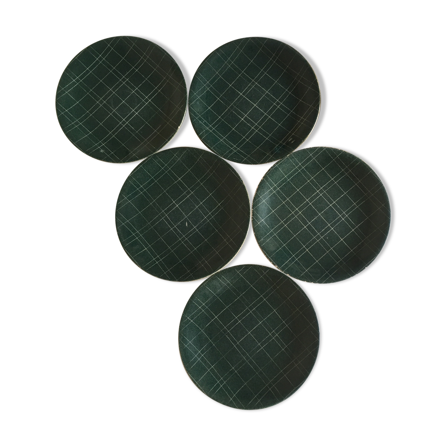 set of 6 flat plates in low-century 50's iron earth faience