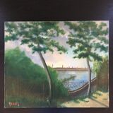 Old painting trees and lake