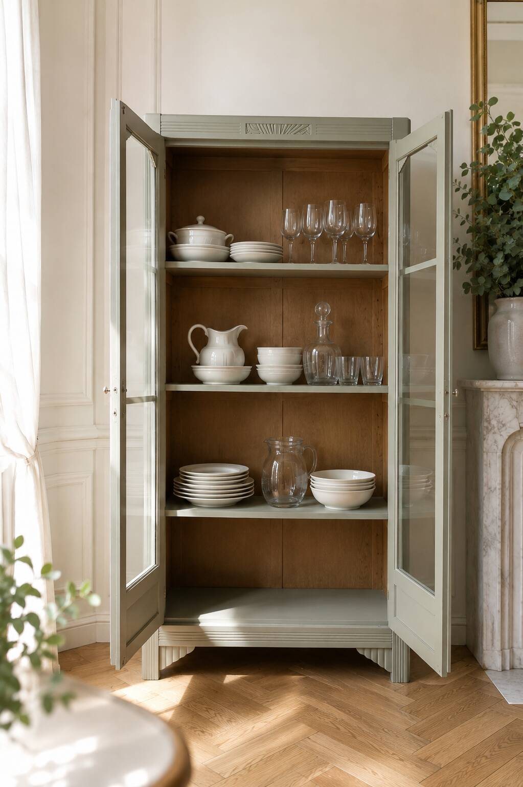 Renovated Art Deco display cabinet in grey-green.