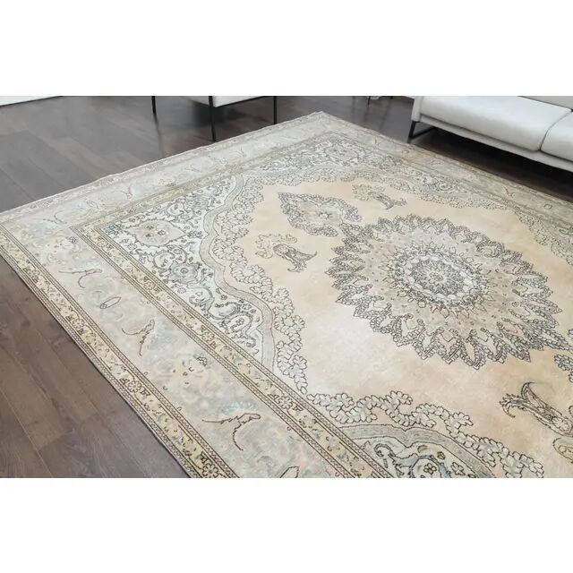 1960s Vintage Persian Handmade Wool Cotton Beige Area Rug 290x385