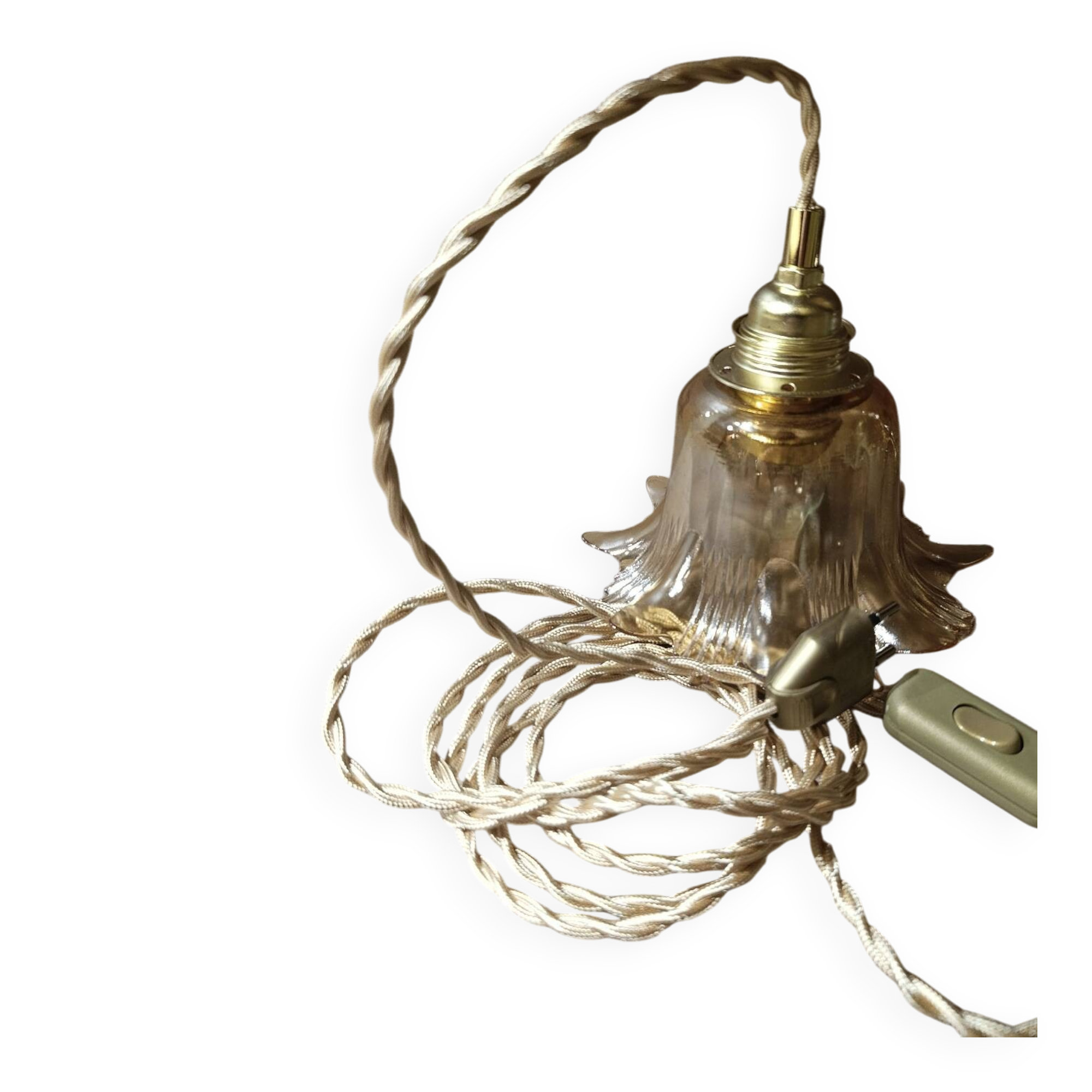 Amber tulip glass portable lamp, golden braided cord.