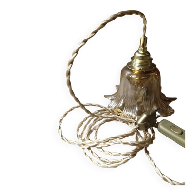Lampe baladeuse verre tulipe ambré, cordon tressé doré