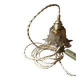 Amber tulip glass portable lamp, golden braided cord.