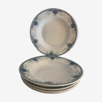 Set de 5 assiettes creuses Sarreguemines art déco bleue et blanche