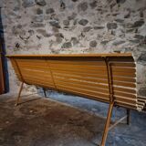 Vintage French garden bench in pine, mid-20th century.