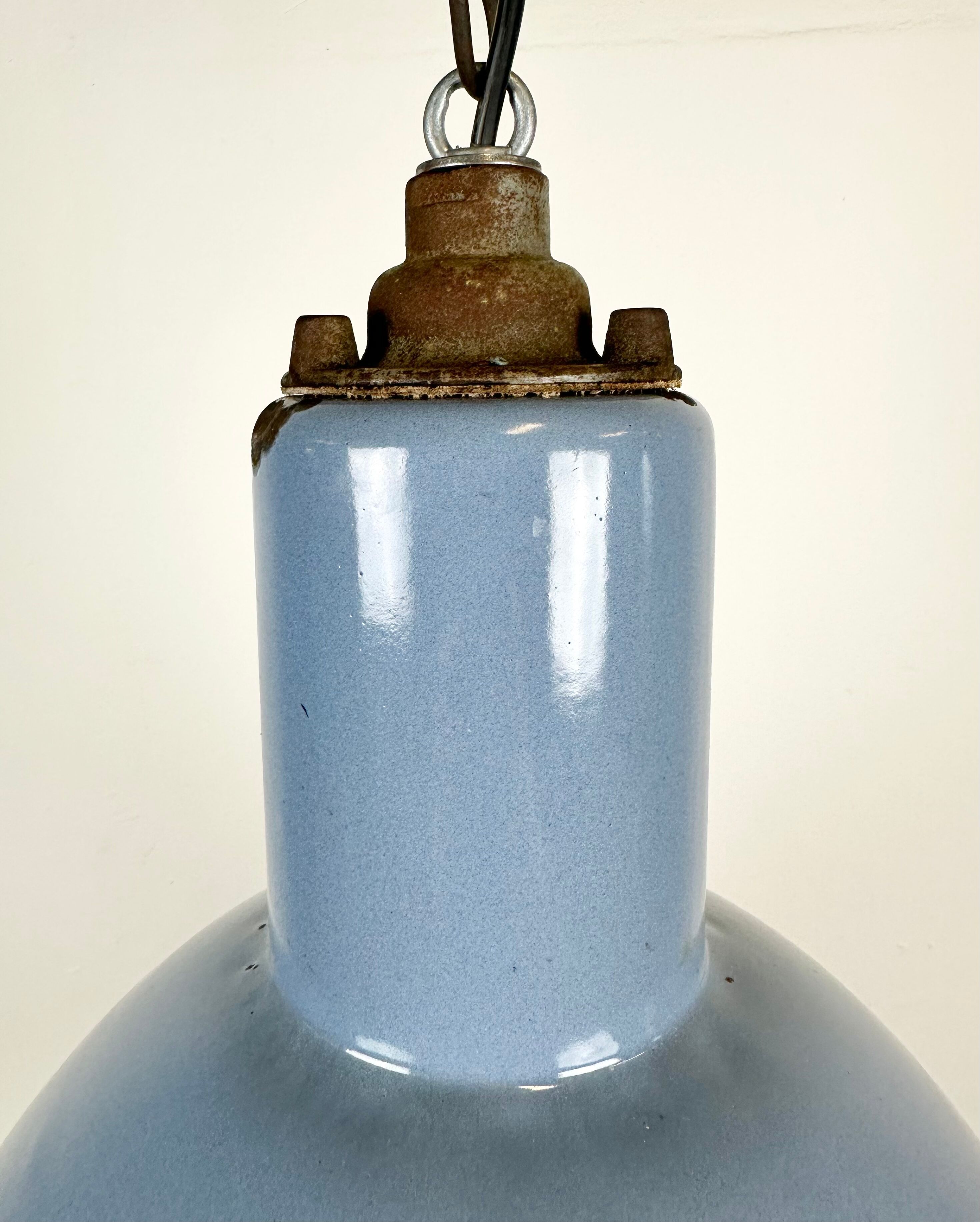 Bauhaus blue enamel industrial pendant lamp, 1950s