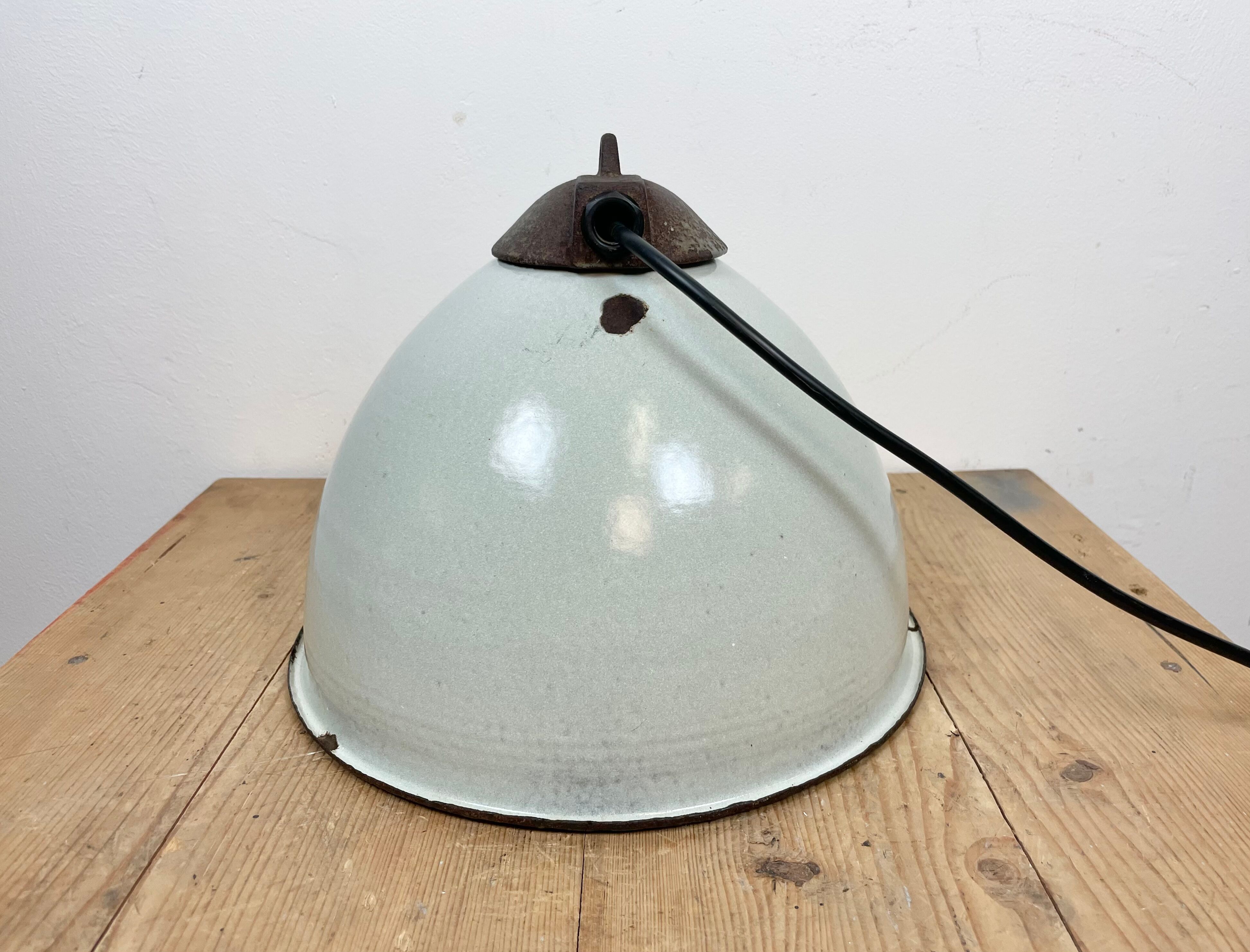 Industrial White Grey Enamel Factory Lamp with Cast Iron Top, 1960s