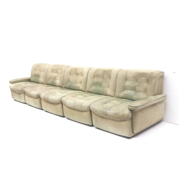 Grand canapé sectionnel modulable vintage en cuir vert des années 1970