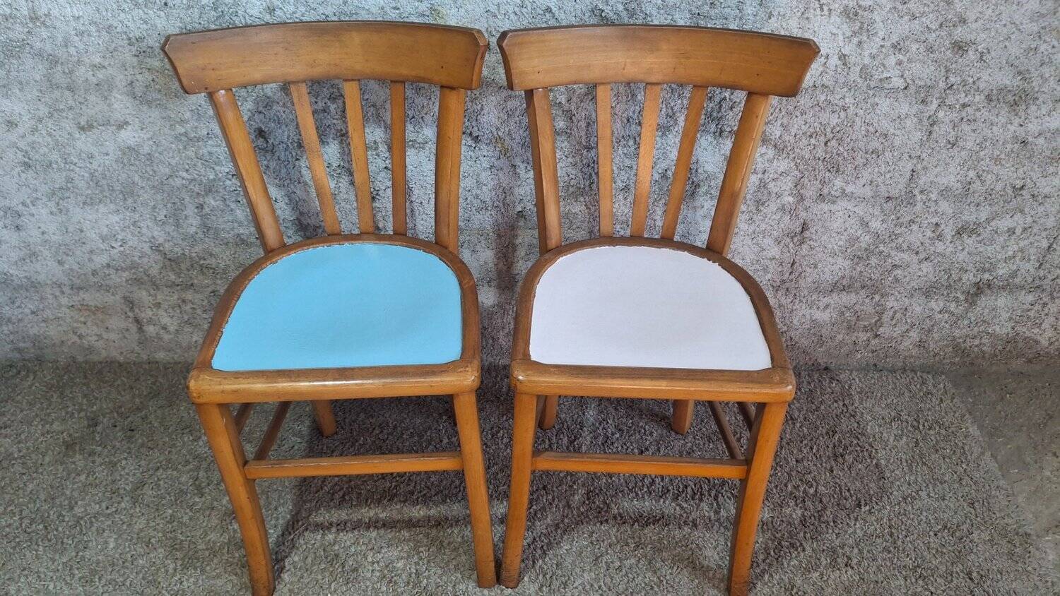6 vintage bistro chairs from the 1950s, beech wood, repainted mismatched seats.