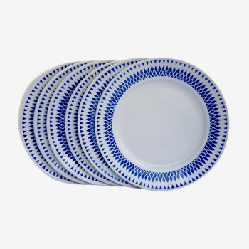 Badonviller set of 6 dessert plates with blue geometric décor on a cream background