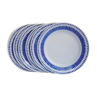 Badonviller set of 6 dessert plates with blue geometric décor on a cream background