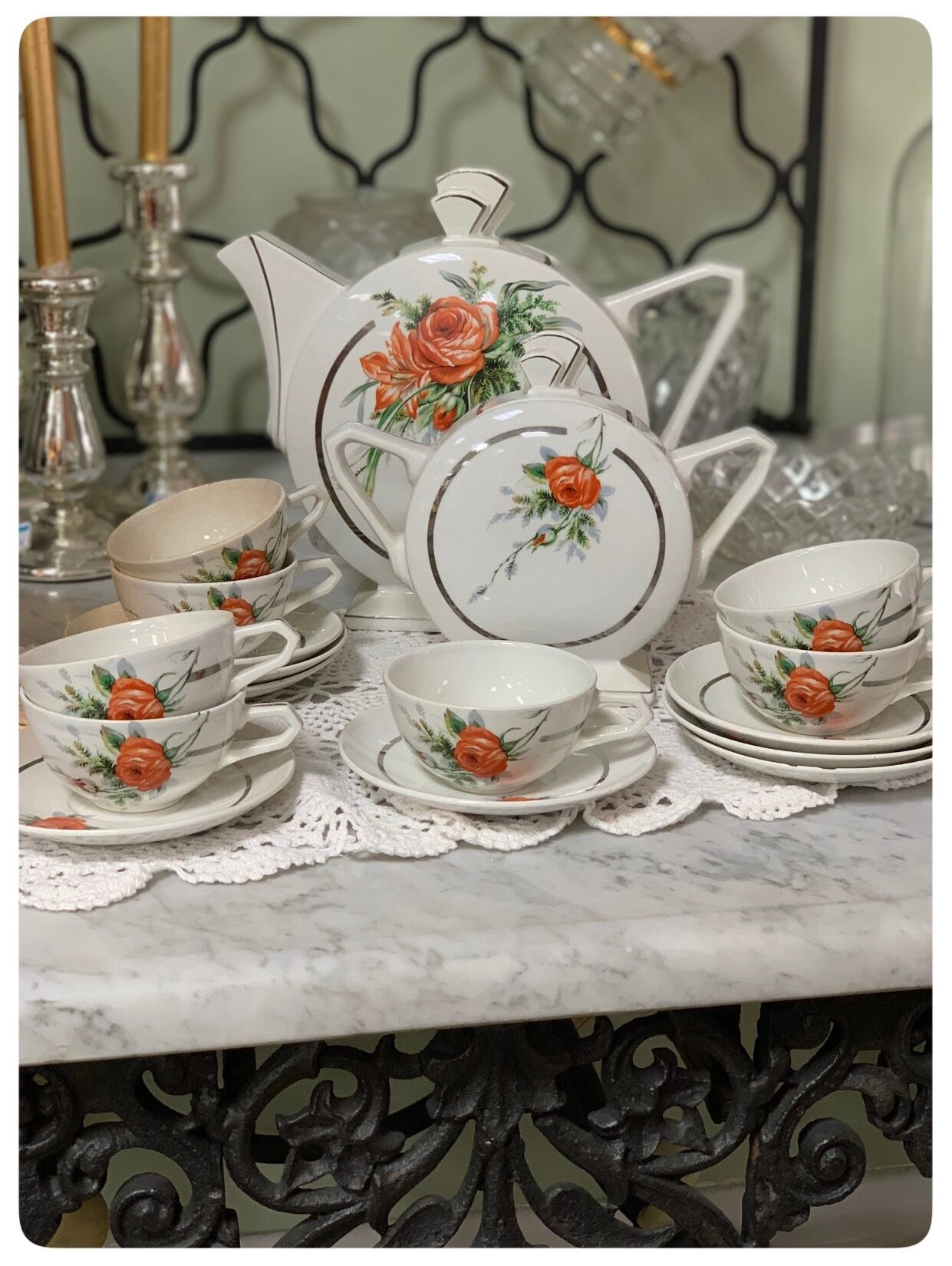 Old earthenware tea coffee set, HBCM Daisy -Teapot, 7 cups/sub-cups, sugar bowl