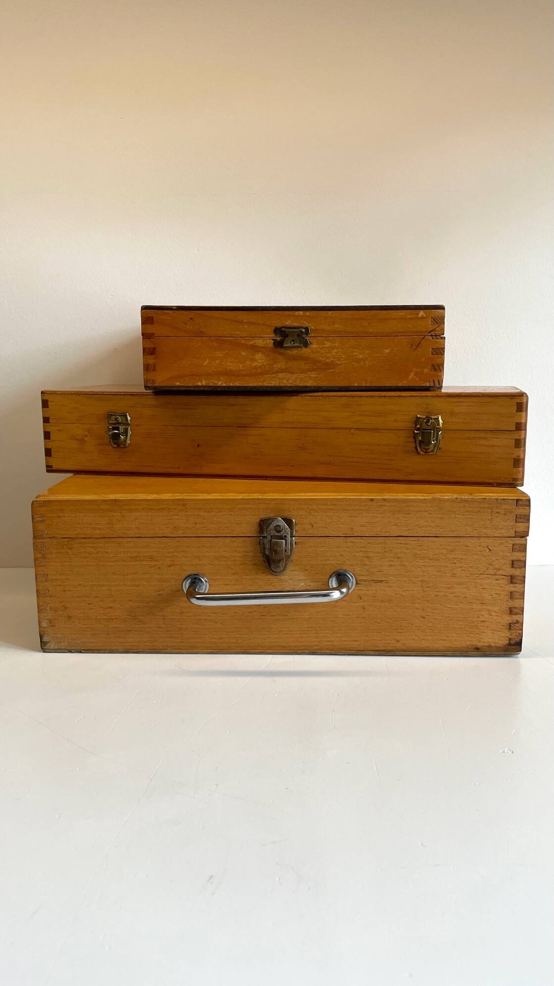 3 vintage dovetail wooden boxes