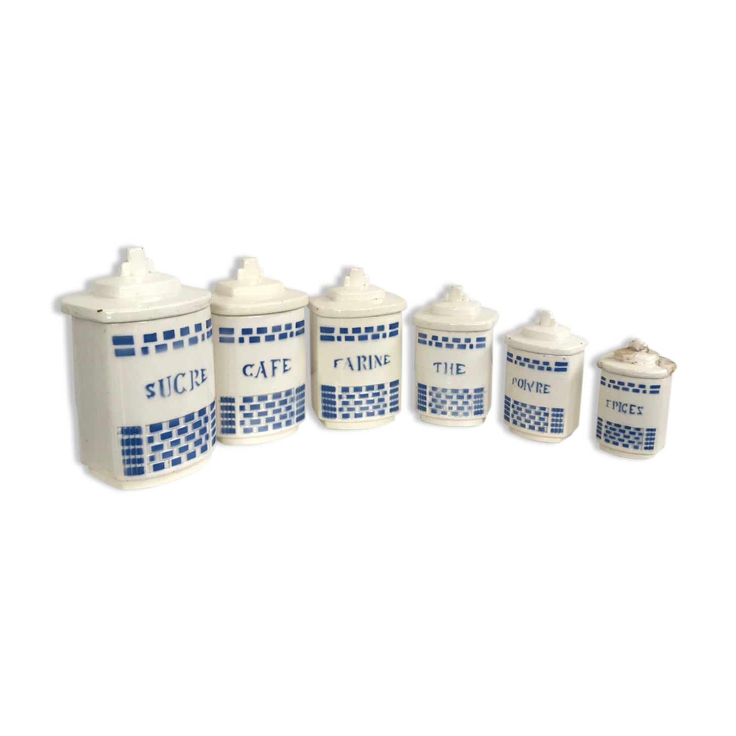 Lot of 6 spice boxes earthenware decoration lustucru checkerboard pattern