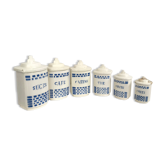 6 pots à épices anciens faïence décor motif Lustucru damier