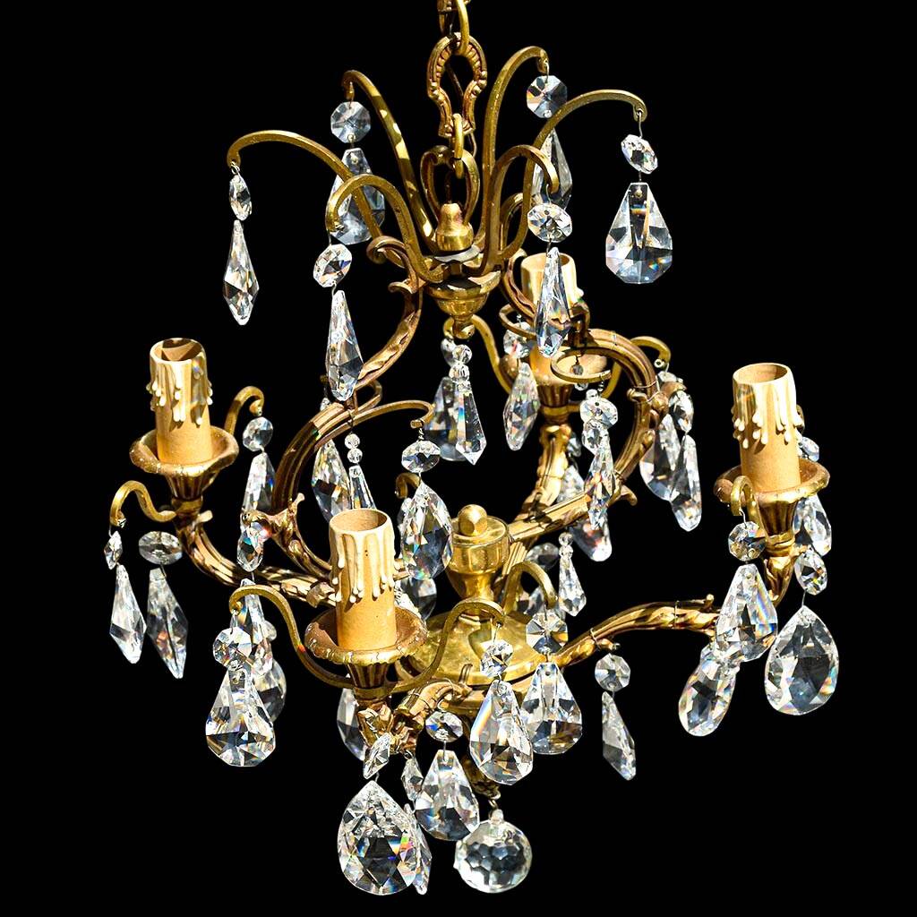 Chic chandelier with crystal tassels 4 lights gilded bronze H 69 cm vintage