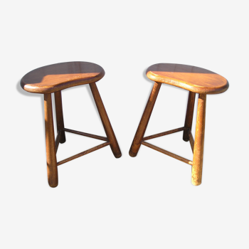 Pair of 70s wooden tripod stools