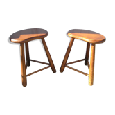 Paire de tabourets tripodes en bois années 70