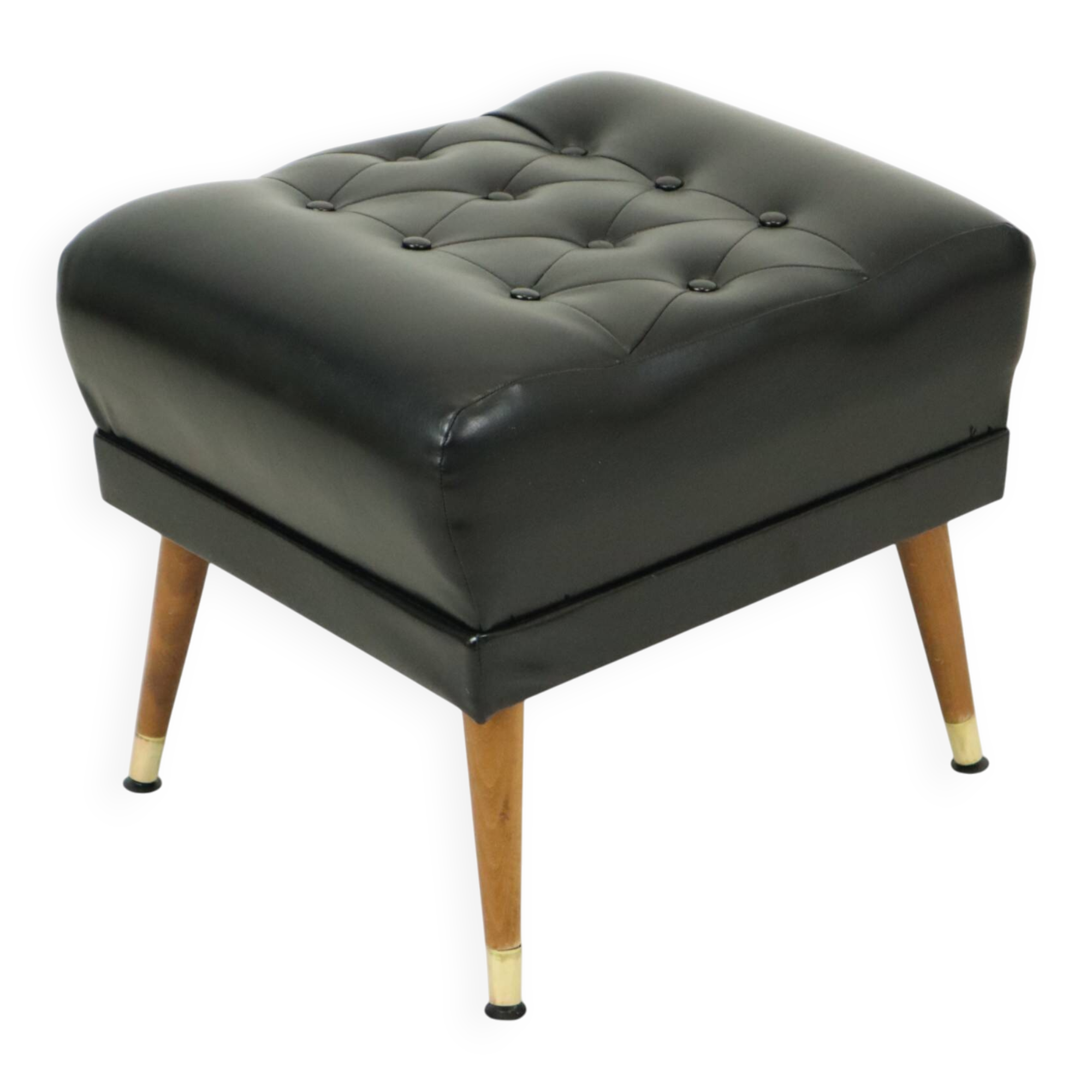 Vintage Black Pouf Conical Legs Chesterfield Style Skai