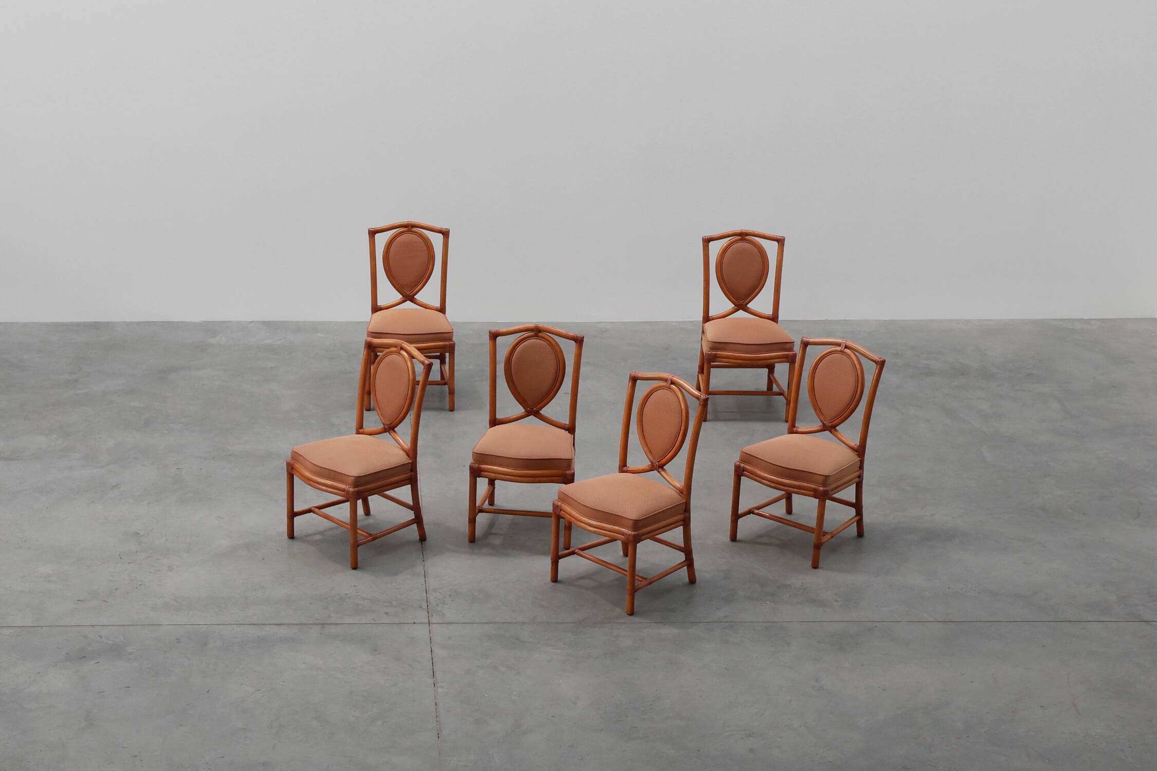 Set of 6 bamboo dining room chairs with geometric upholstery by Gasparucci