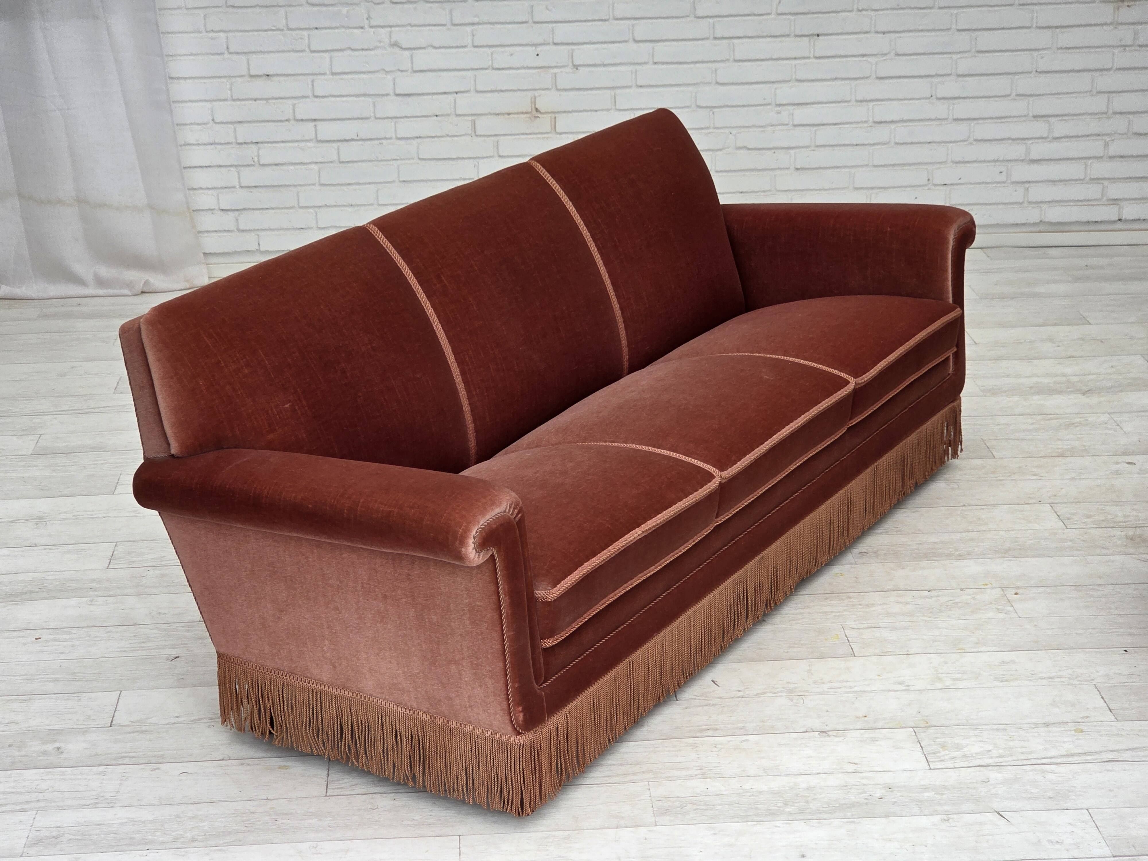 1970s, Danish 3-seater sofa, salmon pink furniture velour, beech wood.