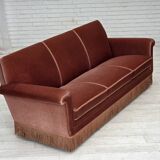 1970s, Danish 3-seater sofa, salmon pink furniture velour, beech wood.