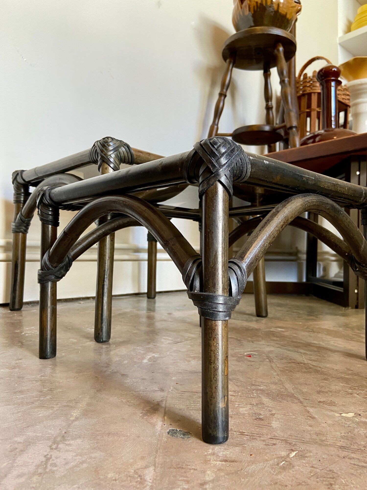 2 coffee tables, rattan sofa tips and smoked glass
