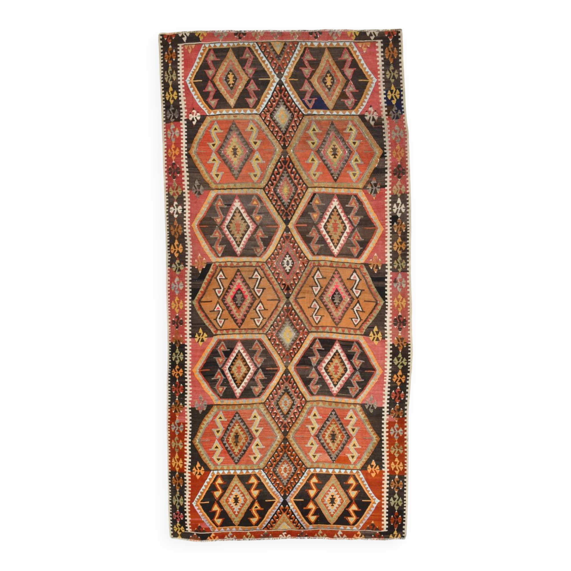 Tapis Kilim Ancien Fait Main – Motifs Géométriques et Symboles Protecteurs