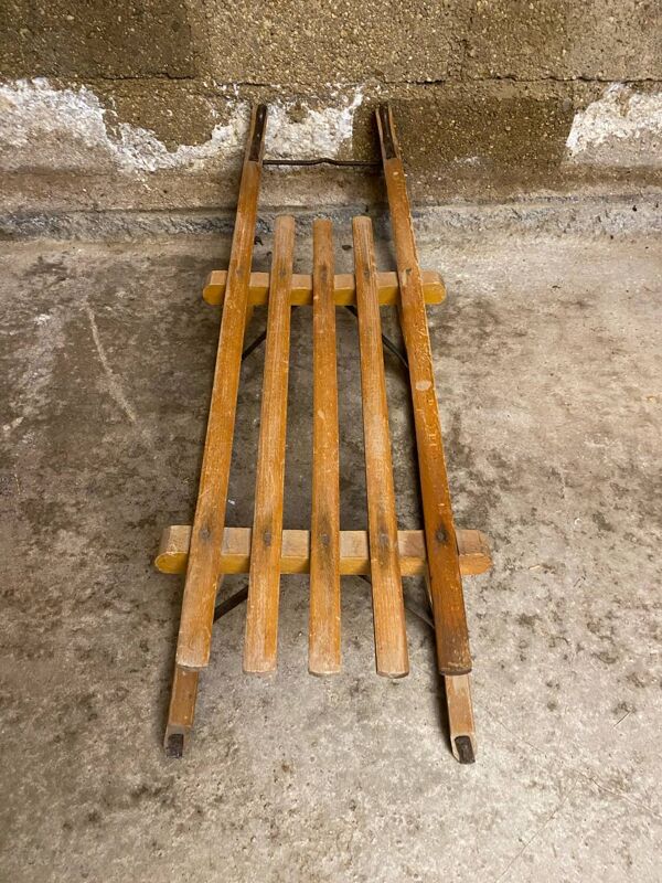 Luge ancienne Davos en bois & lames metal sport hiver vintage