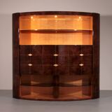Iconic Aldo Tura brown goatskin bar cabinet with electric lift & mirror interior.