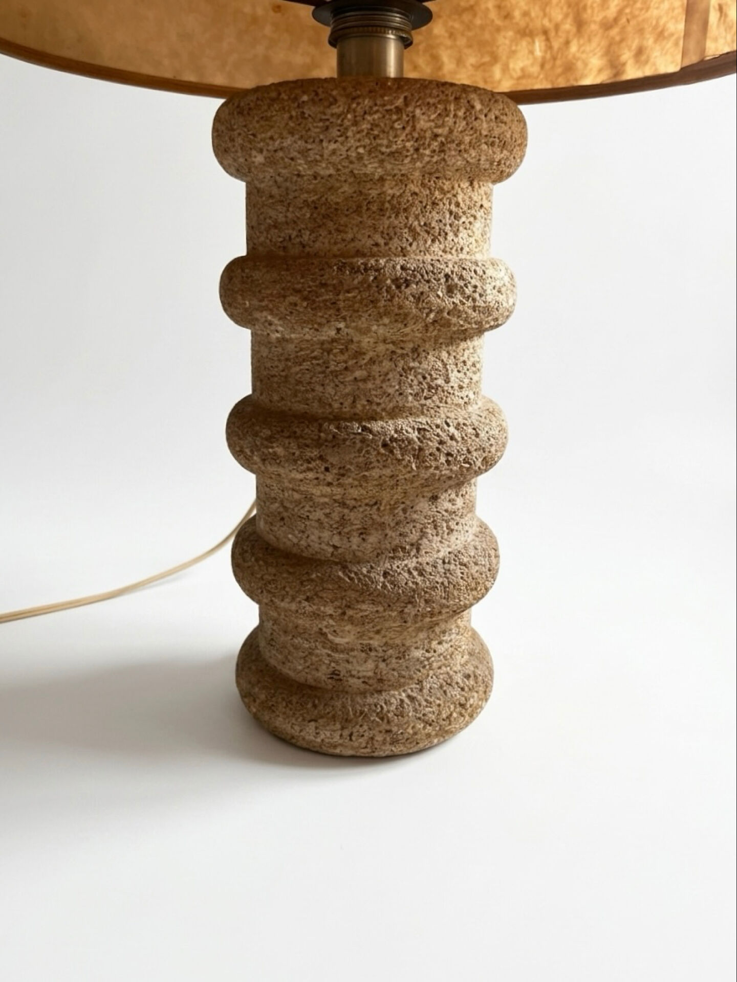 1970s brutalist lamp, handmade lampshade with herbarium/base in stone.