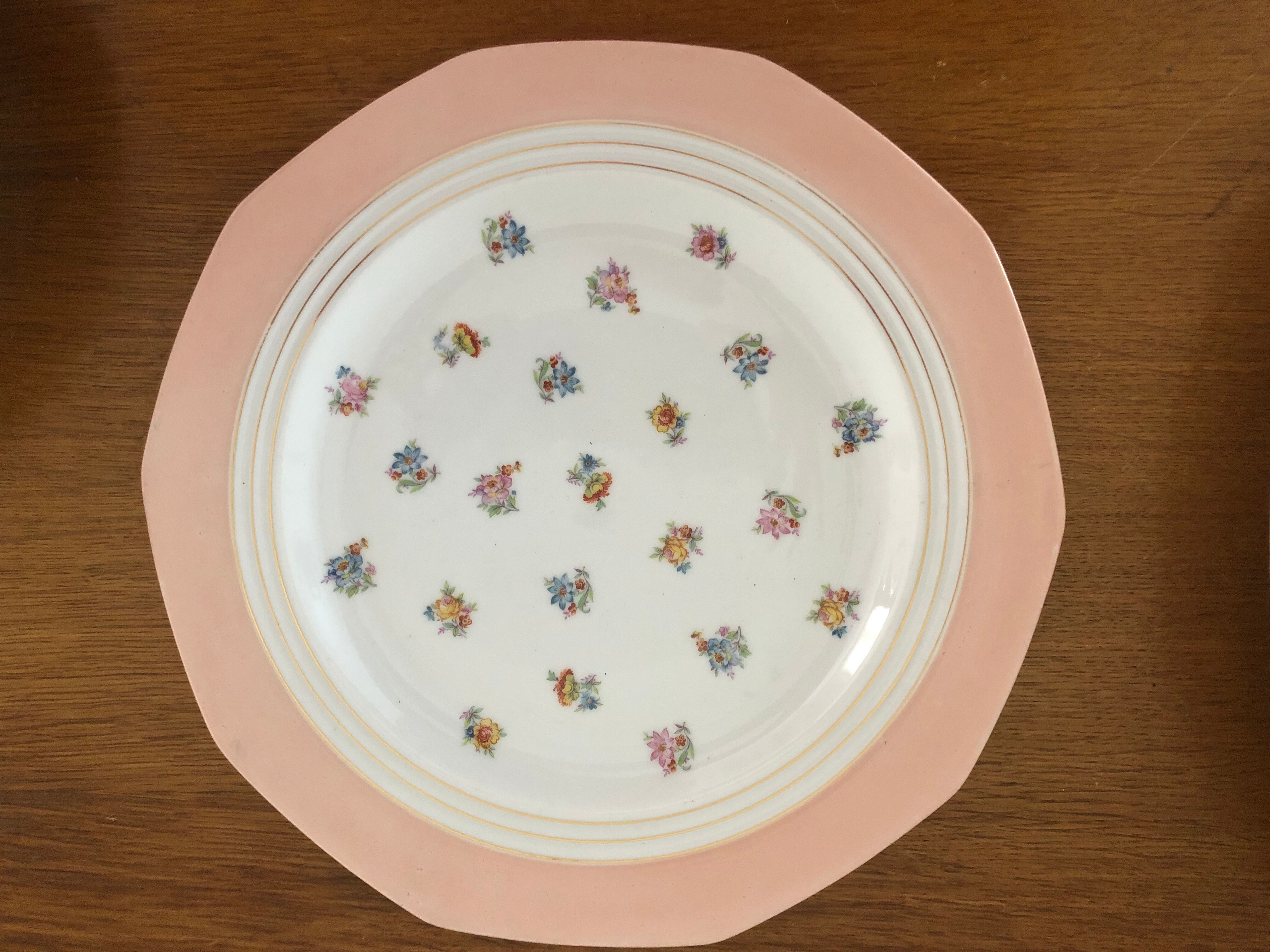 7 dishes Vintage Limoges porcelain pink and gold floral motifs
