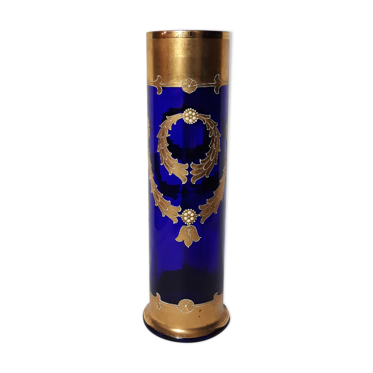 Vase Jugendstil en bleu cobalt avec guirlandes en email doré