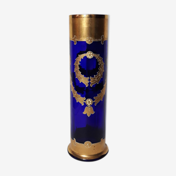 Vase Jugendstil en bleu cobalt avec guirlandes en email doré