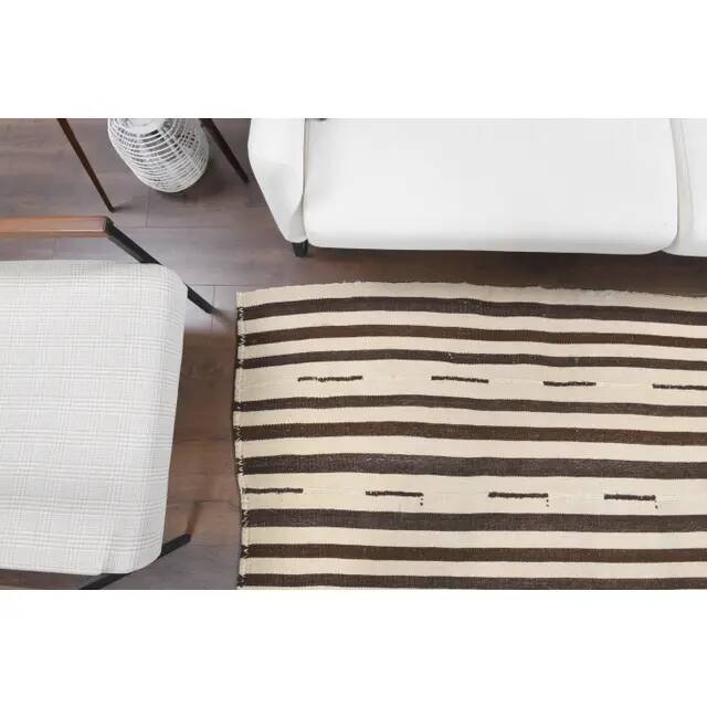 Vintage Turkish Hand-Knotted Wool Cotton Beige Kilim Area Rug 122x202
