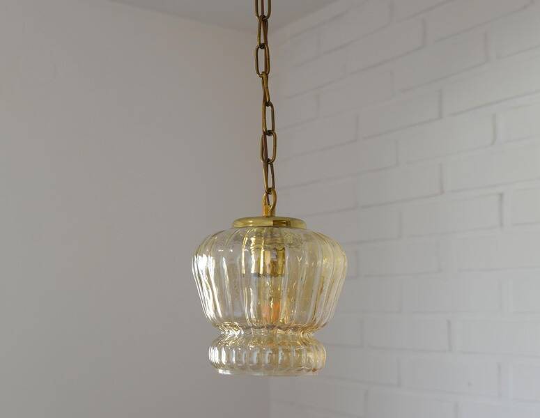 Vintage old gold pendant light, amber glass, 1960s chain lamp