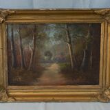 Peinture ancienne paysage sous bois signé.