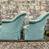 Paire de fauteuils crapaud velours vert d’eau 1970