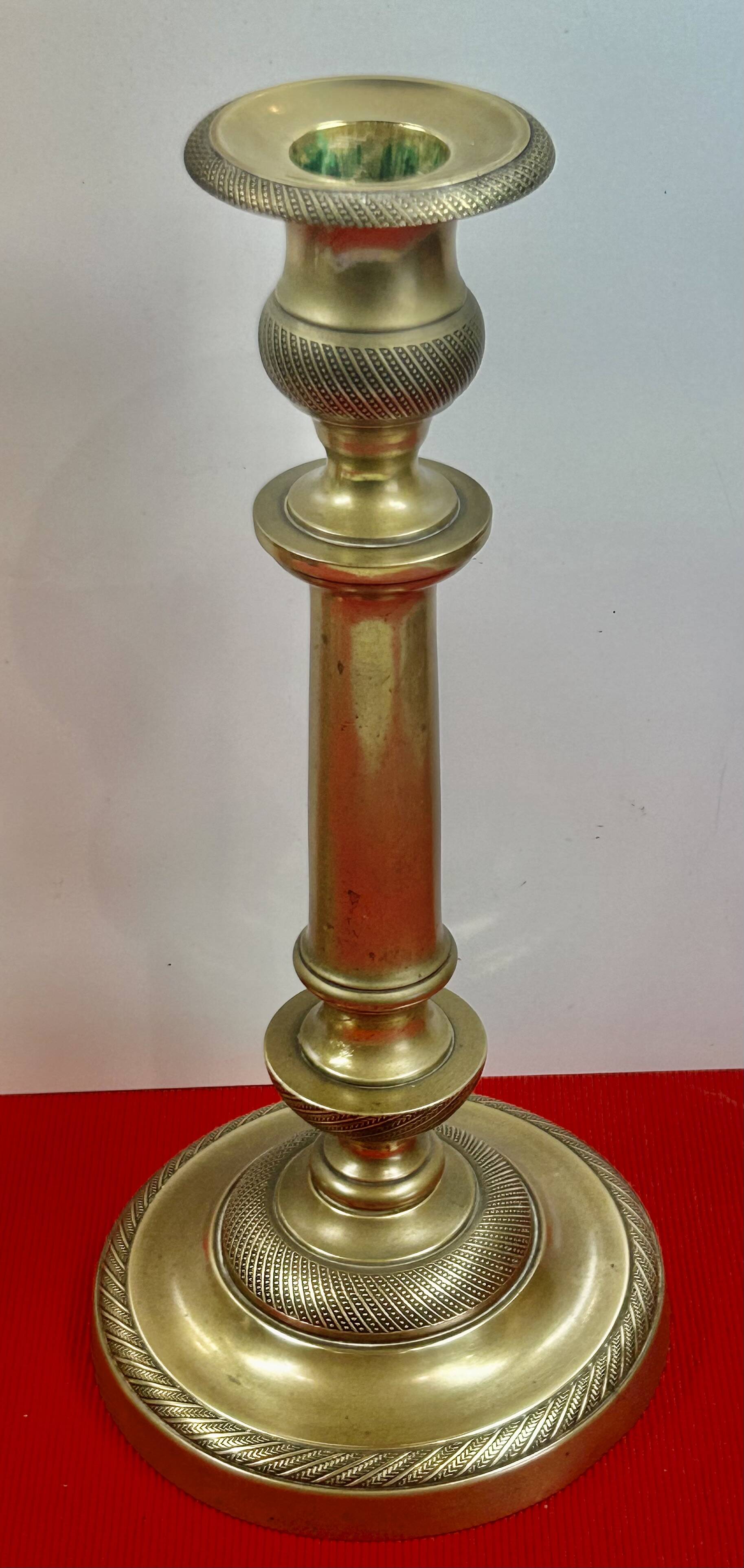 Pair of 19th-century restoration candlesticks in guilloché bronze - H 27 cm