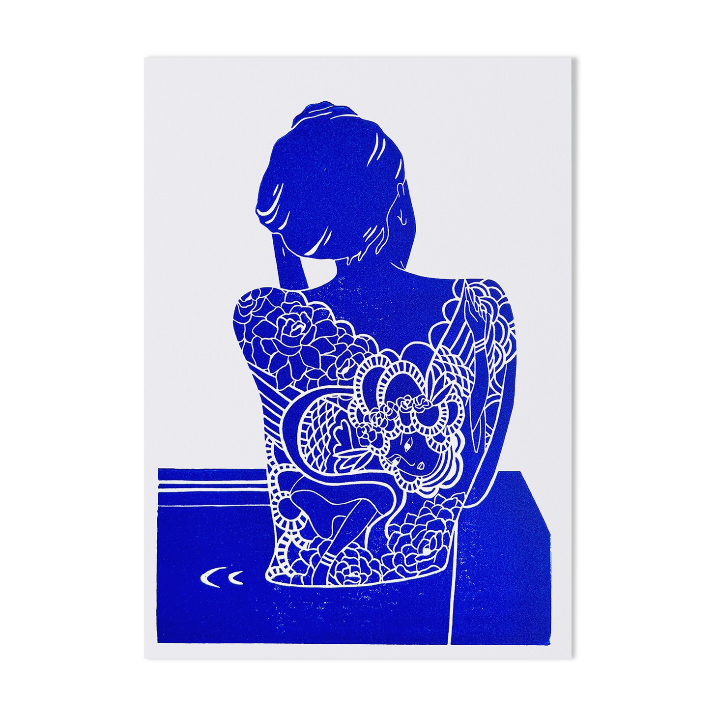 Original linocut - Tattooed Japanese woman
