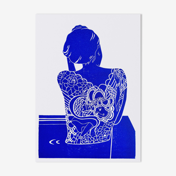 Linogravure originale - Femme japonaise tatouée