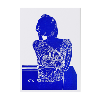 Original linocut - Tattooed Japanese woman