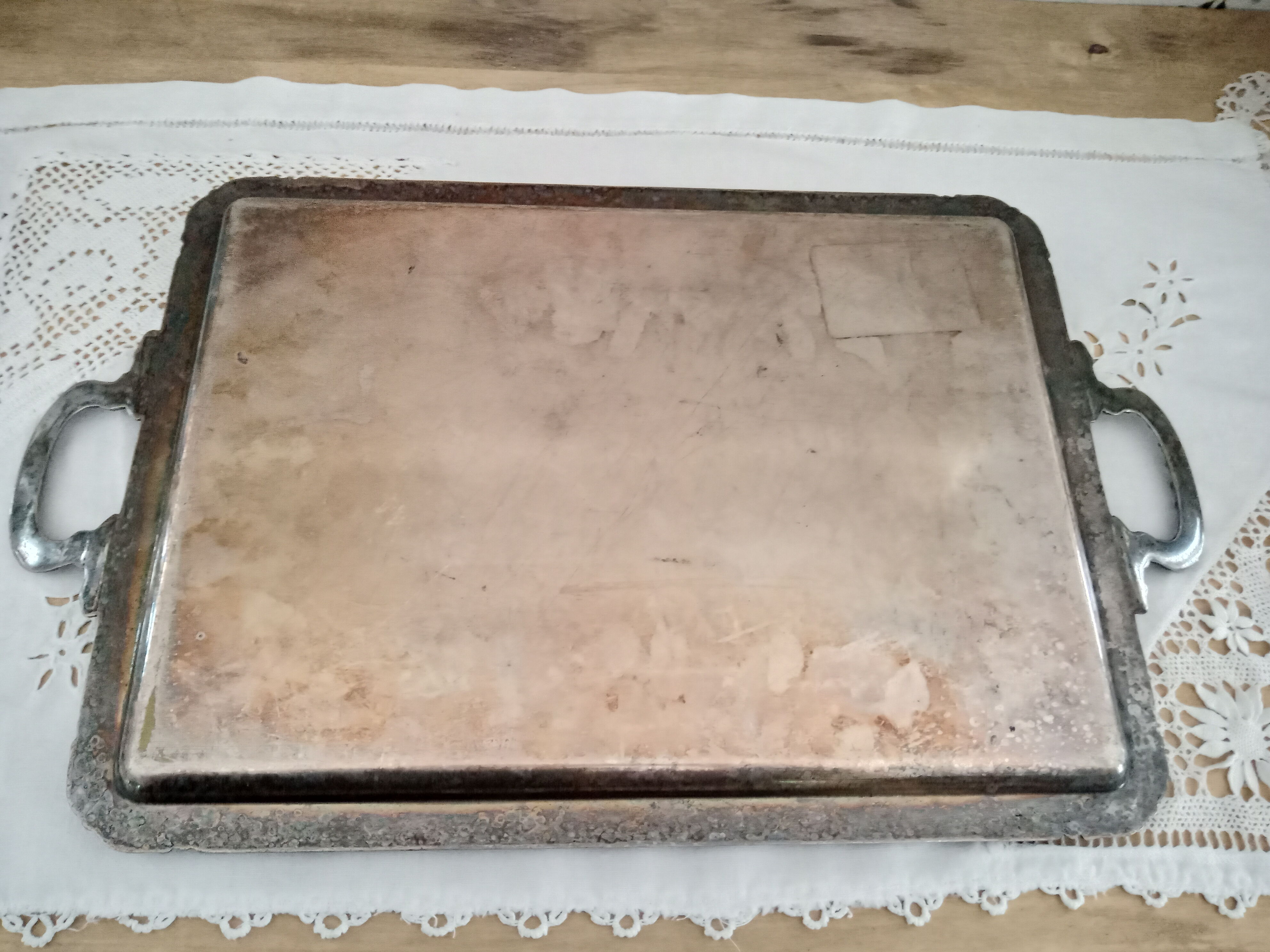 Rectangular silver metal tray 2 handles, decorative frieze