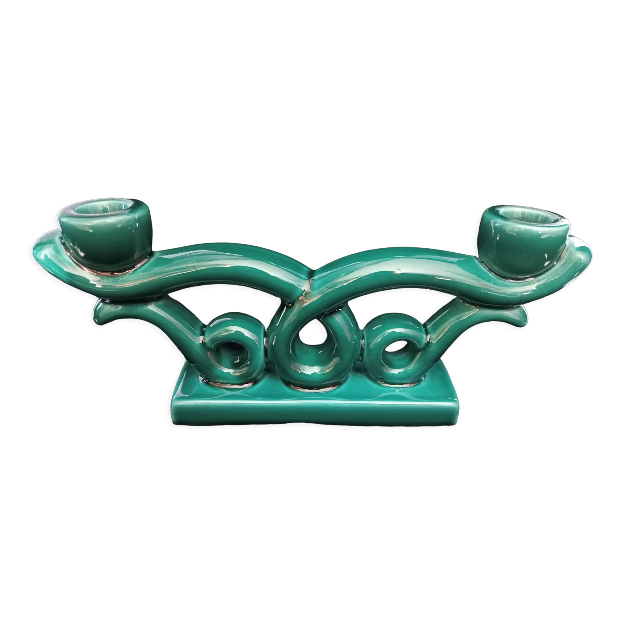 Green ceramic art deco candlestick