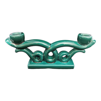 Green ceramic art deco candlestick