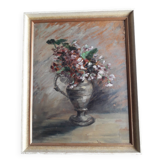 Tableau ancien à l'huile représentant un bouquet de fleurs