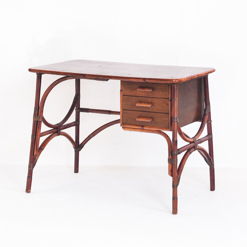 Bureau vintage en rotin et bois à tiroirs France années 1960