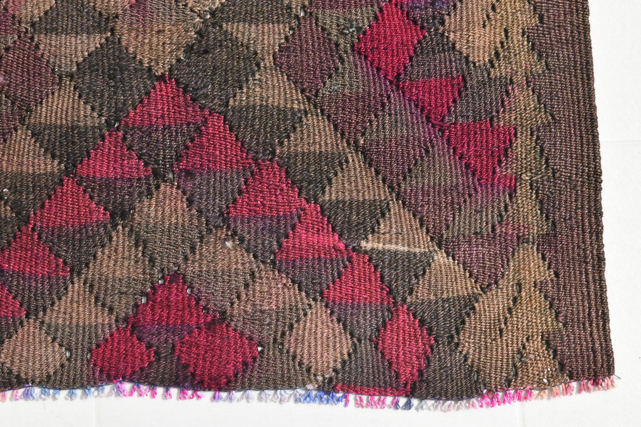 Turkish Burgundy & Brown Kilim Runner Rug, 80x342Cm